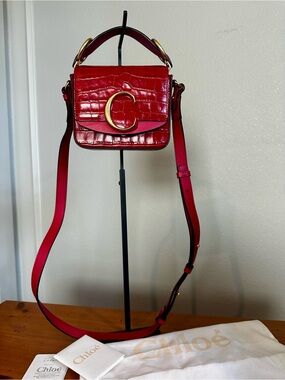 Chloe Mini Chloe C Flap Croc-Embossed Leather Satchel/Crossbody